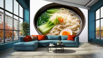 asian noodle broth bowl soup background food traditional dish white vegetable. Generative AI. Wall mural