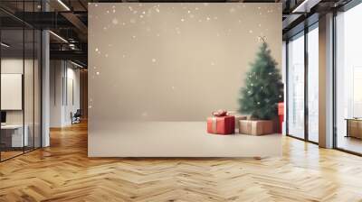 Background for a greeting card for Christmas and New Year with a small Christmas tree and a gift Wall mural