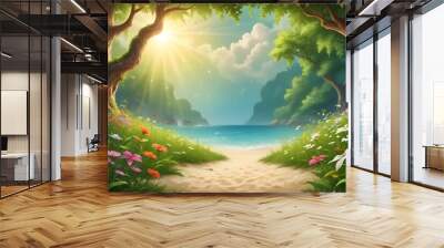 Beautiful fantasy landscape of a forest in the sun Wall mural