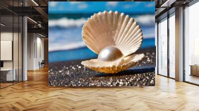 beautiful pearl in the pearl shell on the shining black sand beach sea and blue sky Wall mural