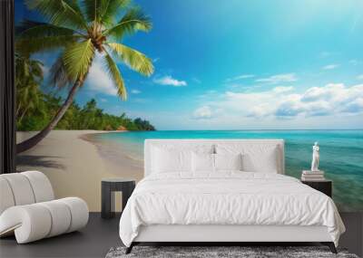 beautiful tropical island sea beach landscape turquoise ocean water yellow sand sun blue sky white cloud green coconut palm tree leaves paradise nature summer holidays vacation tourism travel Wall mural