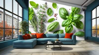 collection of fresh herb leaves thymeand basil spices herbs on a white table food background design element with shadow on background Wall mural