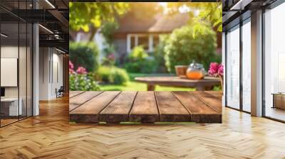 empty sturdy wooden table summer time blurred backyard garden background Wall mural