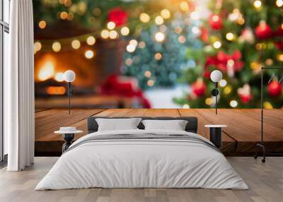 empty wooden table with christmas theme in background Wall mural