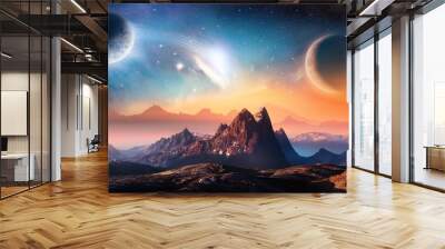 far alien planet with mountain landscape and moons with stars and nebulas in sky distant fantasy world in open space colorful illustration Wall mural