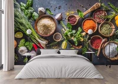 fresh seasoning and vegetarian organic cooking ingredients for tasty cooking on dark rustic background top view place for text clean healthy organic vegan or vegetarian food concept Wall mural