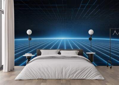 futuristic glowing blue grid platforms in 3d space Wall mural