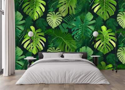 green seamless tropical wallpaper pattern with tropical leaves of monstera palm banana dark plant background great for fabric wallpaper paper design Wall mural