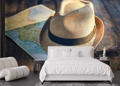 Hat trip journey lay traveler vacation map holiday vintage concept summer Wall mural