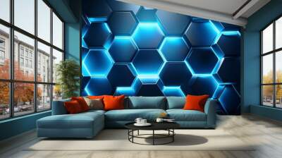 hexagonal background bright blue neon flashes under the hexagon in the lighting technique dark honeycomb texture Wall mural