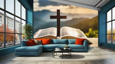 holy bible and cross on desk symbol of humility supplication believe and faith for christian people spirituality religion and hope concept Wall mural