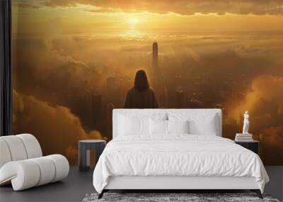 Jesus Christ Watches Over a Modern City at Dawn. Christianity and the Return of Jesus. Wall mural