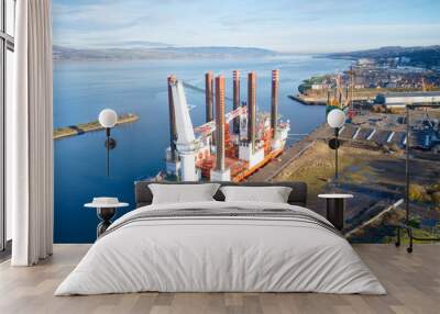 Barge ship crane construction at dock harbour in the sea ocean aerial view from above of shipbuilding Wall mural