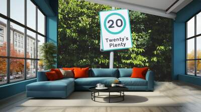 Twenty 20 mph road highway traffic safety sign against blue sky background Wall mural