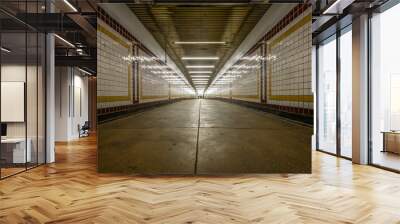 Long connecting hallway with colorful tiles in an underground subway station Wall mural