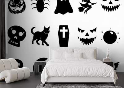 Set of Halloween silhouette graphic elements with knockout detail, isolated on a transparent background Wall mural