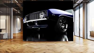 3D illustration. Muscle blue car rendering isolated on black background. Vintage classic sport car. Car show. Wheels. Wall mural