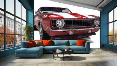 3D realistic illustration. Muscle red car rendering isolated on white background. Front perspective view. Vintage classic sport car.	 Wall mural