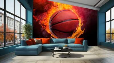 scoring the winning points at a basketball game burning basketball on fire a basketball surrounded by red smoke on a black background ai generated image Wall mural