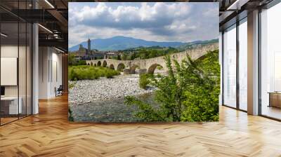 Gobbo Bridge also Devil Bridge or Ponte del Diavolo or Ponte Gobbo in Bobbio, Piacenza province, Trebbia Valley, Emilia Romagna, Italy Wall mural