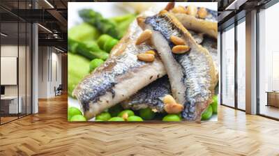 herring with green asparagus and peas Wall mural