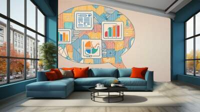 Simple graphic of a conversation bubble filled with charts and graphs, representing qualitative data in market research Wall mural