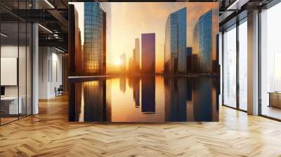 skyscrapers at sunset graphic perspective of buildings and reflections on water abstract architectural background for financial corporate and business brochure template Wall mural