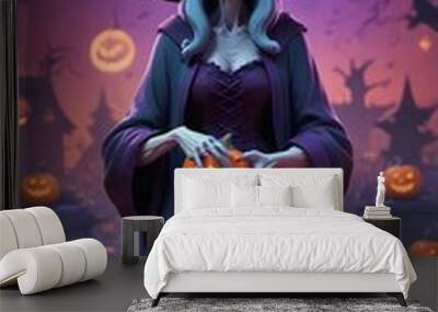 Spooky and evil halloween background scene with evil clown and jack o lantern Wall mural