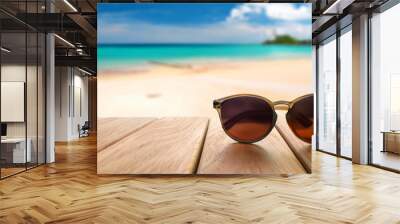 sunglasses on wooden table with blurred beach background Wall mural