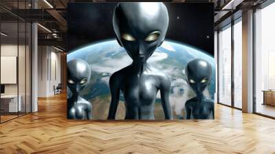 Three grey aliens glowing eyes in space in front of the earth with invasion sci fi book cover generative ai  Wall mural