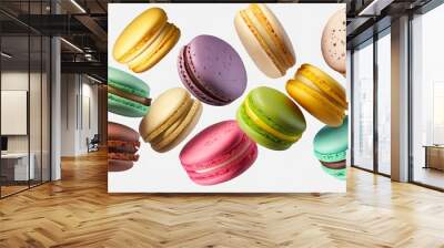 various colorful of macarons floating on the air isolated on clean png background desserts sweet cake concept with Wall mural