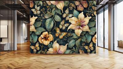 vintage floral seamless wallpaper with skulls lilies butterflies dark mystical botanical background luxurious pattern for the design of fabric paper wallpaper canvas hand drawn 3d illustration Wall mural