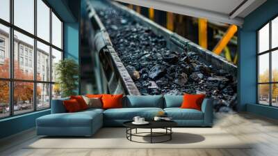 Conveyor belt with ore rocks mining and processing,Coal on a conveyor belt in motion blured background

 Wall mural