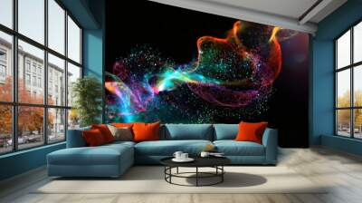 abstract flowing fluid colorful light particles on black background with copy space in concept technology science space universe Wall mural