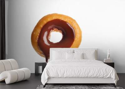 delicious baked fresh donut glazing with melted chocolate on fork isolated on white background delicious and fresh donut glazed with melted chocolate on fork isolated on white background Wall mural