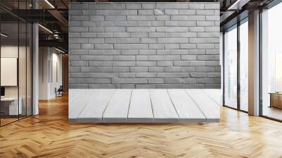 white wooden table against grey brick wall for product showcase Wall mural