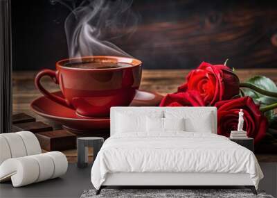 a cup of coffee with a red rose in the background. Wall mural