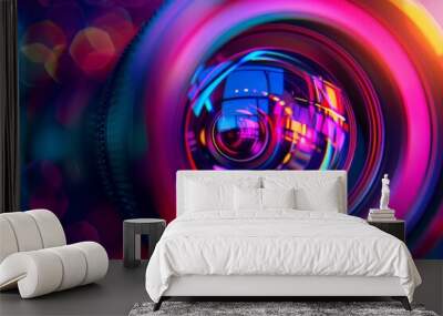 A close up of a camera lens with a colorful background, including shades of purple, violet, magenta, electric blue, and a circular gas. Perfect for entertainment and automotive lighting art Wall mural