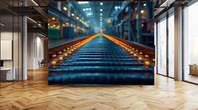 A closeup of train tracks in a factory with lights illuminating them, showcasing the symmetry and technological advancement in the bustling metropolis city Wall mural