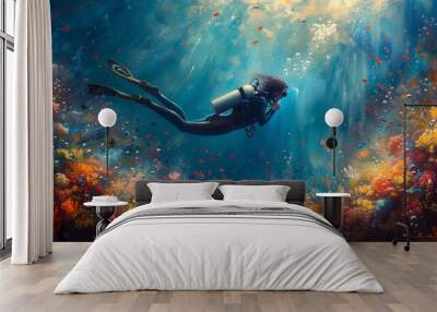 A diver explores colorful coral reefs in the clear ocean, surrounded by marine life and vibrant scenery. Wall mural