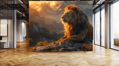 A Felidae, carnivorous animal resembling a lion, lounges on a rocky outcrop, overlooking majestic mountains and fluffy clouds in a breathtaking natural landscape Wall mural