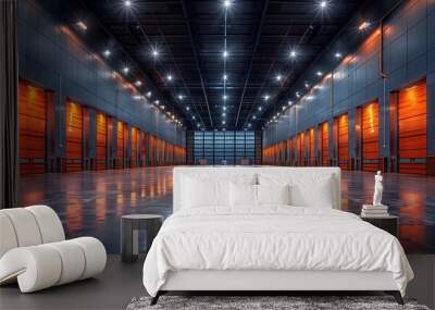 A spacious empty building with numerous doors and bright electric blue lights. The symmetry and composite flooring make it a perfect venue for events in the city Wall mural