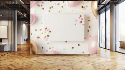 A white card is encircled by a festive display of pink and gold balloons, confetti, and a splash of magenta liquid. The vibrant display adds a touch of luxury and fashion accessory to the event Wall mural