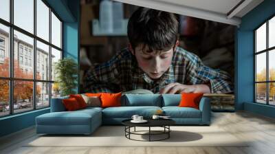 A young boy is sitting on the floor reading a publication. The books tartan cover and plaid pattern catch his eye. Hes sharing a font of knowledge through the handwritten pages Wall mural