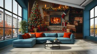 Cozy Christmas living room with tree and fireplace creates warm joyful holiday atmosphere Wall mural