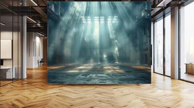 Electric blue sunlight streams through glass windows of deserted city building Wall mural