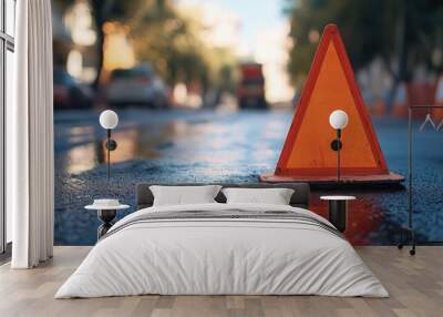 Orange triangle, a road sign warning drivers of dangerous, accident-prone or road work zones. Created by AI Wall mural