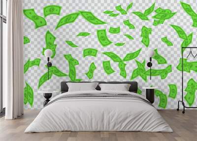 Transparent background of green dollars flying in the air, concept of currency, investment and wealth, vector graphics eps10 Wall mural