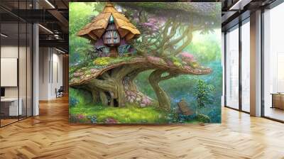 Enchanted cute fairy tree house in an old tree, magical dream fantasy forest with great vegetation and flowing waterfalls, rays of light, butterflies, flowers, storybook illustration Wall mural