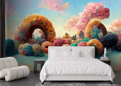 Fantasy donut land with desserts and sweets doughnut candyland, sweet sugar icing and glazed donuts making a fantasy junk fast food cartoon landscape, conceptual illustration Wall mural